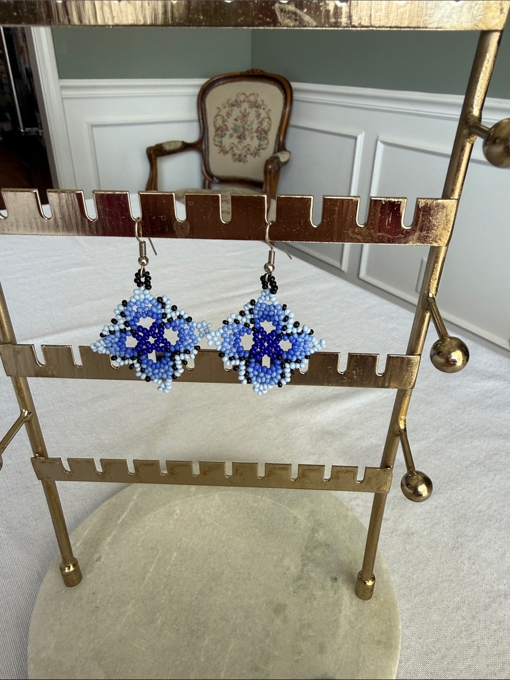 Handcrafted Blue Beaded Diamond Drop Earrings - Women Jewelry